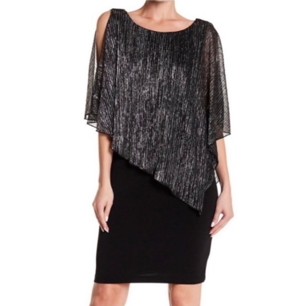 🎄🧑🎄 Black w Silver Shimmer Capelet Sheath Dress Wedding Guest Cocktail NWT 10